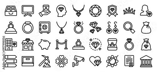 Jewelry and gemstone line icon set featuring vector pictograms of diamond rings, necklaces, earrings, luxury watches, security safes, and precious stones in outline style.