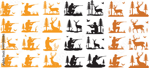 Repeated silhouettes of hunters aiming at deer in various outdoor forest settings