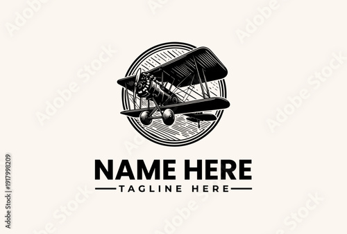 A vintage-style biplane illustration within a circular logo on a beige background with placeholder text for a name and tagline.