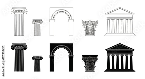 Collection of Ancient Greek Architectural Elements Illustrated in Various Styles.