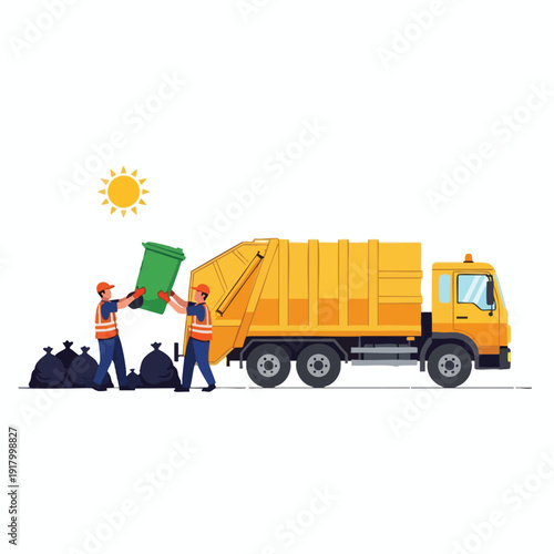 Urban Waste Collection with Garbage Truck and Recycling Workers