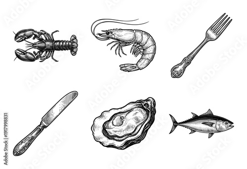 Vintage engraving style seafood collection featuring lobster, shrimp, oyster, tuna fish, and ornate silver cutlery on a plain white background.