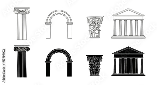 Collection of Ancient Greek Architectural Elements and Classical Building Components.