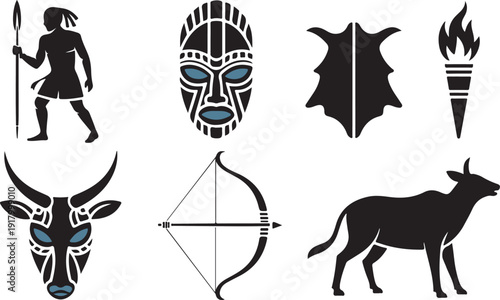 A collection of African tribal cultural and hunting symbols including a warrior a mask and animals