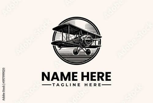 Black and white illustration of a vintage biplane within a circular logo on a beige background with space for a name and tagline.