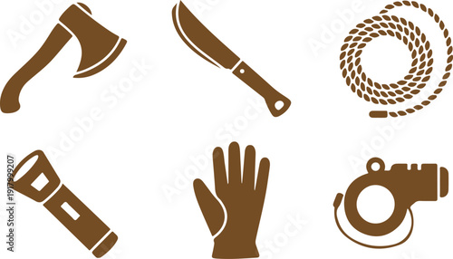 A collection of essential brown outdoor tools for camping and survival adventures