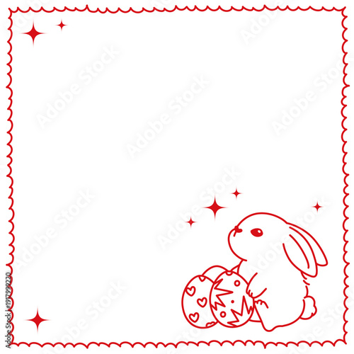 Pink Easter frame template with cute bunny and eggs. Pink Easter frame template with cute bunny and decorated eggs in line art style. Minimal spring background with copy space for greeting cards, invi