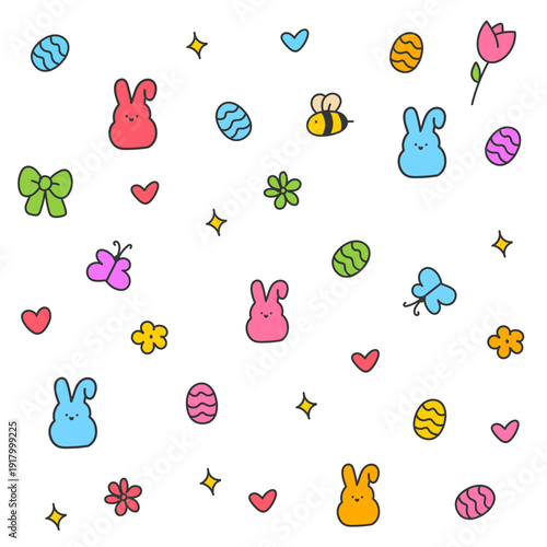 Cute Easter doodle elements set with bunny, eggs. Set of cute Easter doodle elements including bunny, eggs, flowers, carrots and hearts. Colorful kawaii style icons perfect for spring holiday designs,