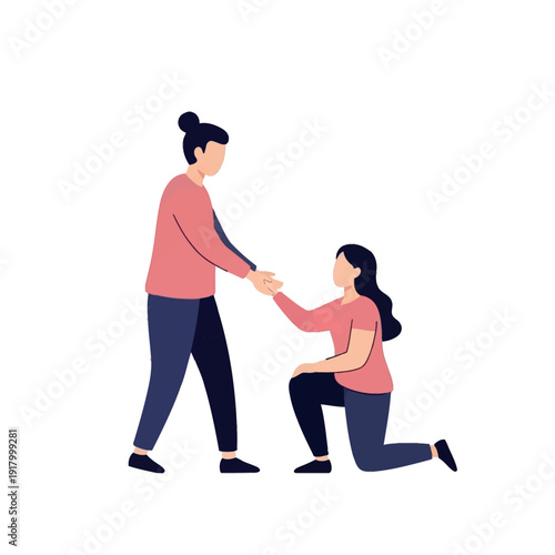 Woman proposing to another woman on one knee holding hands.