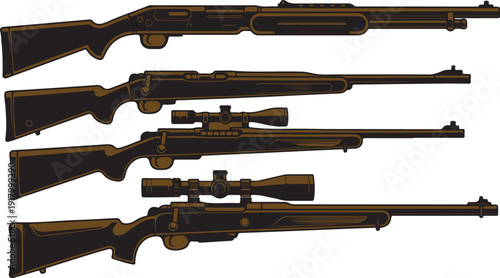 A collection of four classic hunting rifles displayed prominently, two equipped with precision scopes
