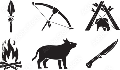 A collection of prehistoric and primitive survival tools featuring a spear, bow, campfire, animal, and shelter