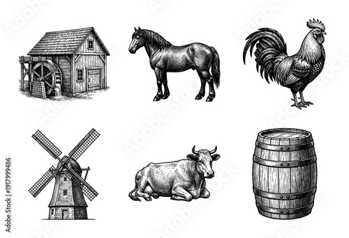 Vintage farm and countryside collection featuring hand drawn engravings of a watermill windmill horse bull rooster and wooden barrel.