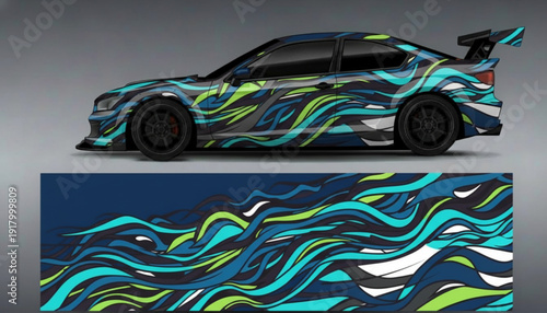 Custom car wrap design featuring abstract wavy lines in blue, green, and white on a dark background.