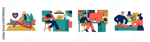 Flat Vector Remote Work and Wellness Illustration Set for Modern Lifestyle Branding