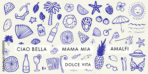 Whimsical blue doodle collection featuring italian summer themed illustrations