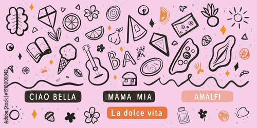 Colorful doodle illustration featuring italian themed objects and handwritten text