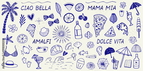 Hand drawn doodles of italian summer themes and seaside objects