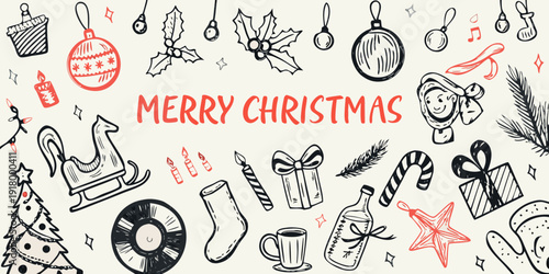 Hand drawn christmas doodles and festive greetings on a cream background