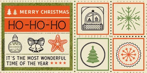 Festive christmas postage stamps with holiday illustrations and greetings