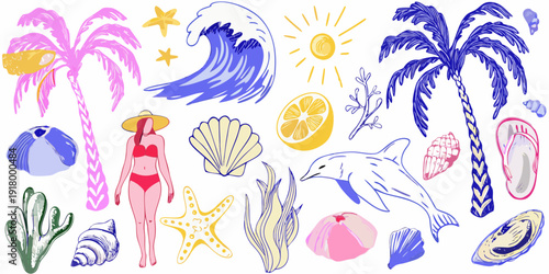 Colorful summer illustration featuring beach elements and tropical motifs