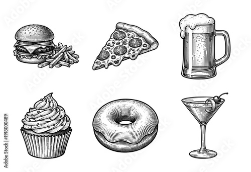 Vintage hand drawn engraving style fast food and beverage illustrations featuring burger fries pizza beer cupcake donut and cocktail