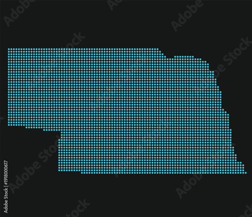 Nebraska state dotted map. Cybersecurity and AI Infrastructure Map of Nebraska on Light Blue Dotted Black Mode