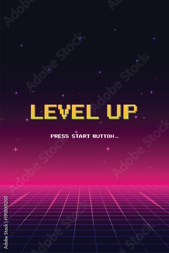 Level up. pixel art 8 bit. Retro Futurism Sci-Fi Background. glowing neon grid. and stars from vintage arcade computer games. Vertical Backgrounds