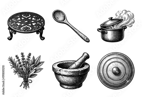 Vintage style engraving collection of rustic kitchen tools and herbal ingredients including mortar and pestle pot and wooden spoon.