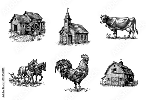 Vintage farm collection featuring woodcut style illustrations of a watermill, church, barn, and domestic livestock.