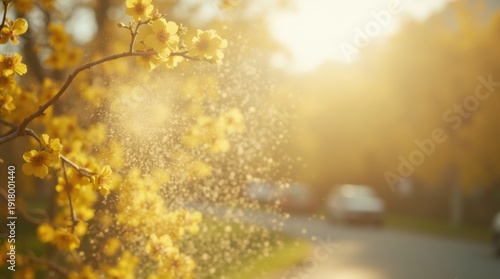Close-up of pollen and dust floating in the air with blurred blooming trees in the background, representing environmental allergies on a bright day.
