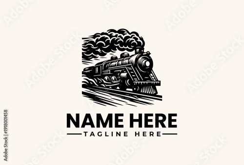A black and white illustration of a steam train with smoke, accompanied by placeholder text for a logo or brand name and tagline on a plain background.