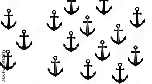 Anchor silhouette collection featuring nautical marine symbols in black vector style, maritime ship anchor icons isolated on white background