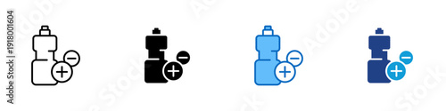 Electrolyte Drink Multiple Style Icon Design Vector - Bottle with plus and minus signs representing hydration balance, sports recovery, and electrolyte replenishment
