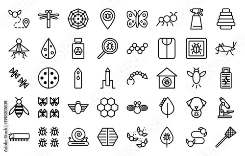 Entomology and pest control line icon set. Vector pictograms of butterfly, bee, spider, ant, beetle, grasshopper, snail, honeycomb, and sprayer, thick outline illustration.