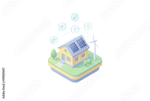 Eco friendly house with solar panel and wind turbine icon, isolated on transparent background.