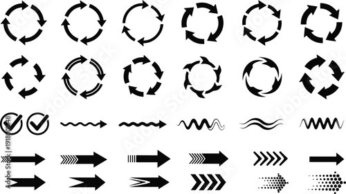 Circular rotation arrows and motion direction icons collection featuring refresh, sync, wave, and speed symbols in black vector set isolated on white background