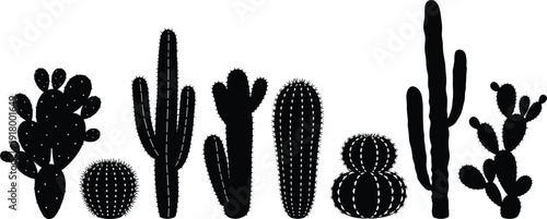 Cactus silhouette collection featuring various desert succulent plants in black vector style, botanical nature set isolated on white background