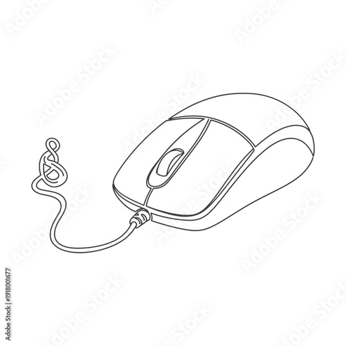 A detailed line art drawing of a classic wired computer mouse with a scroll wheel.