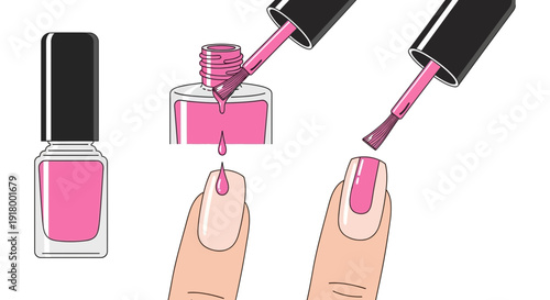 An instructional illustration demonstrating the step-by-step process of applying pink nail polish.