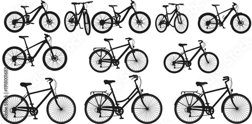 Collection of bicycle silhouettes in different styles including mountain, road, and city bikes, black vector set isolated on white background