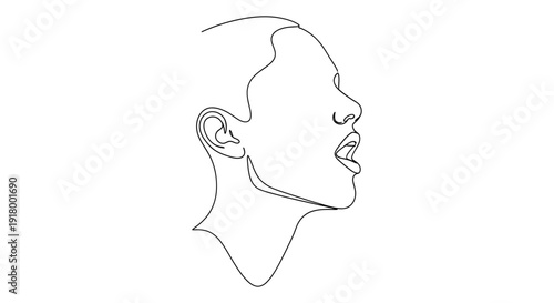 A minimalist continuous line art drawing depicting a woman's profile with an open mouth, possibly singing or speaking.