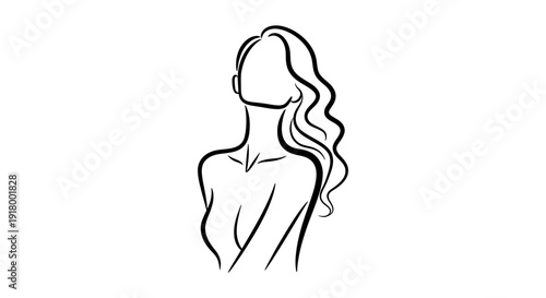 A graceful faceless woman with flowing wavy hair looks upwards, expressing serenity and feminine beauty.