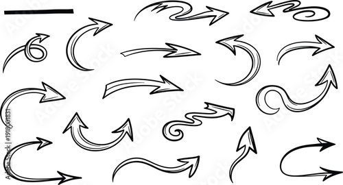 Hand drawn curved arrow collection with swirl, wave, and sketch directional symbols in decorative black vector style isolated on white