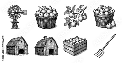 Vintage farm and orchard harvest illustration set featuring woodcut style engravings of barns, fruit baskets, a windmill, and agricultural tools.