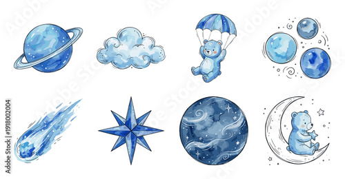 Blue Watercolor Space Bear Sticker Set, Celestial Vector