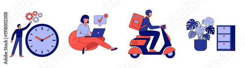 Flat Vector Remote Work and Logistics Illustration Set for Modern Business Management and Delivery Services