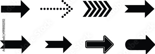 Right arrow icons collection featuring bold, dotted, chevron, and rounded directional symbols in black vector style isolated