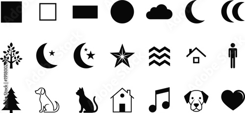 Set of simple black icons including shapes, moon, tree, house, animals, music note, and symbols in minimal silhouette vector style