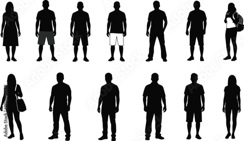 Standing people silhouettes collection featuring diverse men and women figures in casual poses, black vector set isolated on white background