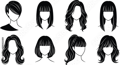 Women hairstyle silhouettes collection featuring various female haircut styles, fashion hair icons, and beauty salon vector set isolated